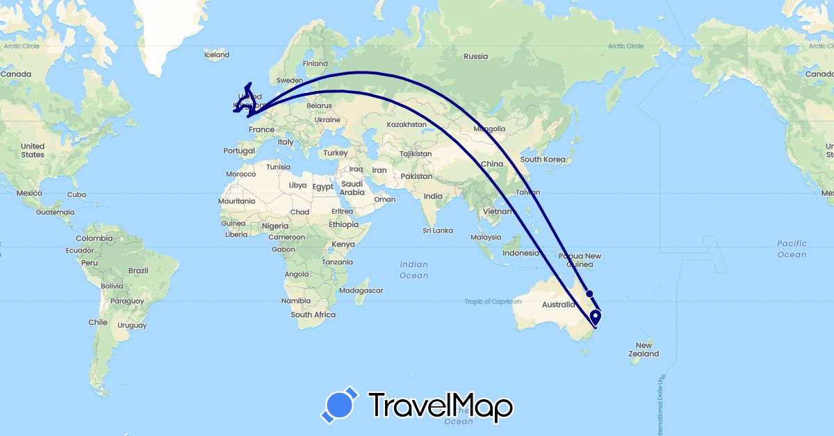 TravelMap itinerary: driving in Australia, United Kingdom, Ireland (Europe, Oceania)
