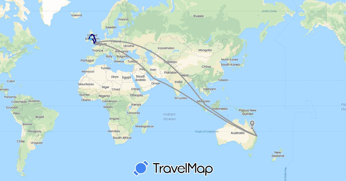 TravelMap itinerary: driving, plane, boat in United Arab Emirates, Australia, United Kingdom, Ireland, Singapore (Asia, Europe, Oceania)